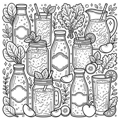 Immerse yourself in a refreshing world of wellness with this intricate green smoothies and juices coloring page. Featuring an abundance of healthy beverages and fresh ingredients, it offers a delightful escape for creative minds.