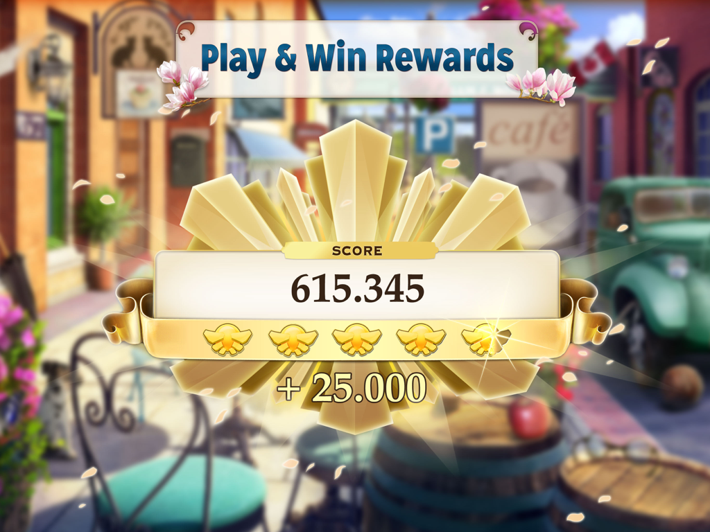 Pearl’s Peril: Hidden Objects - Score screen in Pearl’s Peril showing points achieved and rewards earned in a vintage 1930s street setting