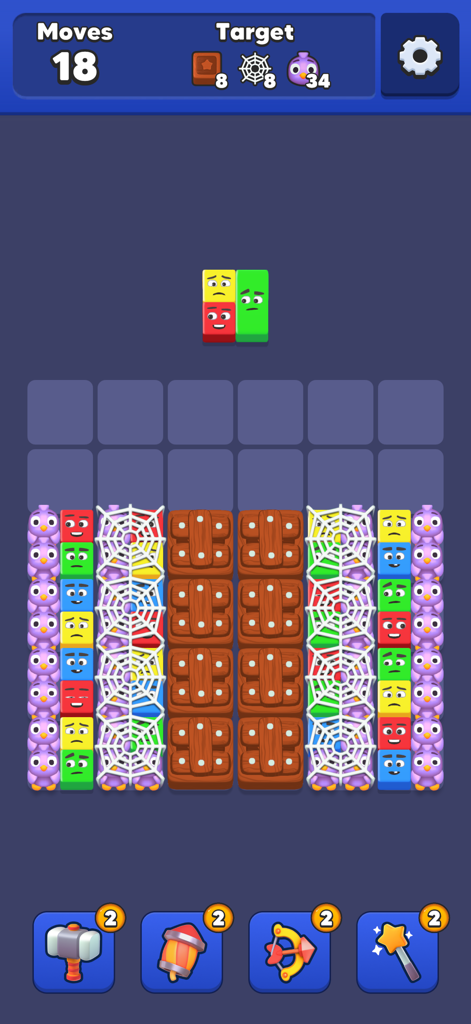 A gameplay screenshot of Drop Jelly showing colorful jelly blocks, spider webs, and target objectives in a grid layout.