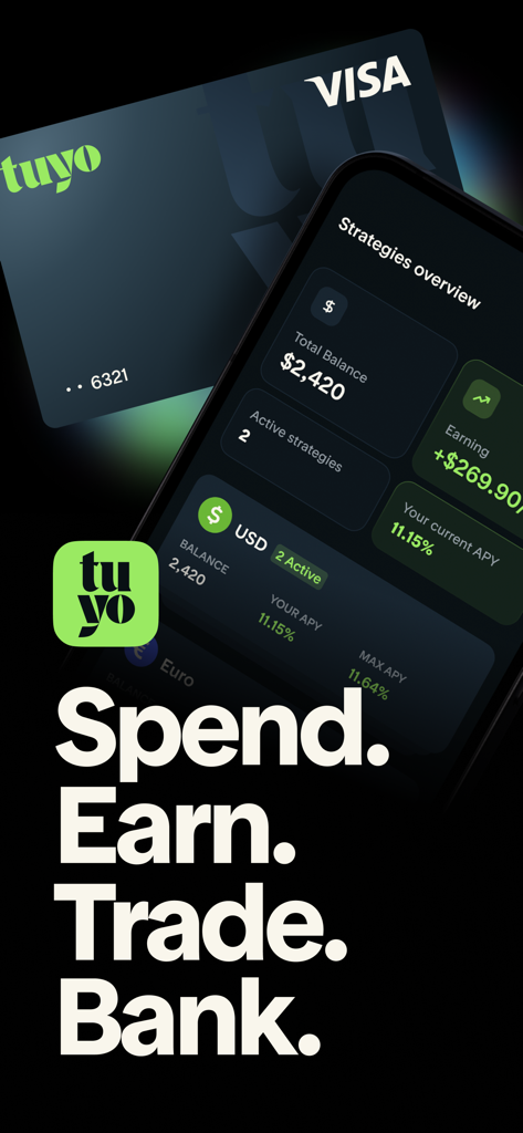Tuyo: Speed up your money - Tuyo mobile app dashboard and Visa card featuring the words Spend Earn Trade Bank