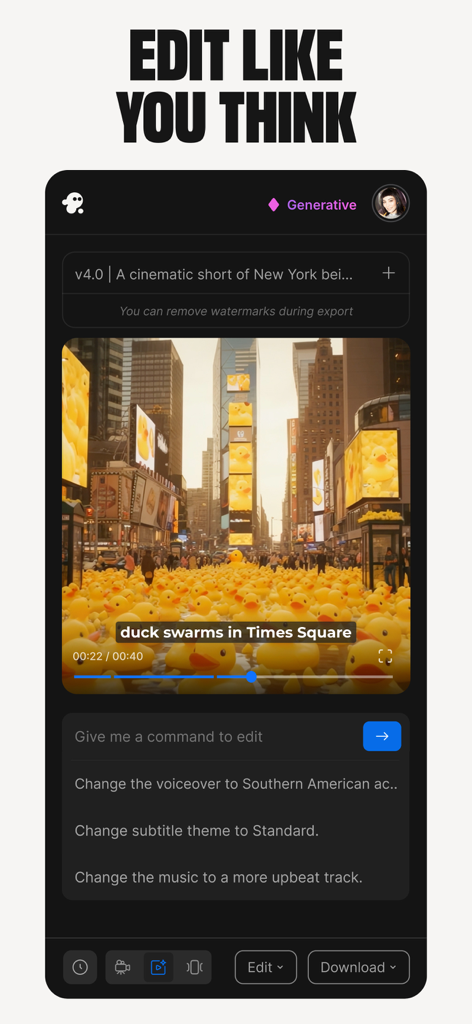 invideo AI: AI Video Generator - Pantalla de la aplicación móvil Invideo AI mostrando comandos de edición de vídeo basados en texto y una vista previa generada de patos de goma en Times Square.
