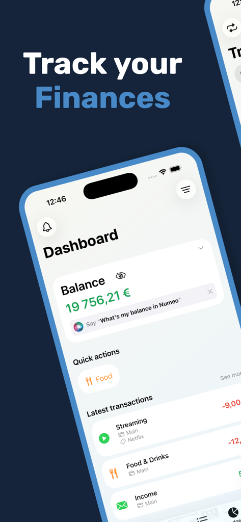 Numeo finance tracker dashboard interface on iPhone showing account balance and recent transactions