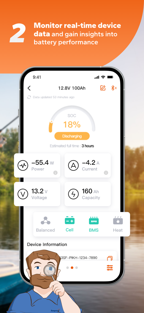 LiTime - LiTime app interface displaying real-time battery data including state of charge, voltage, and discharge status
