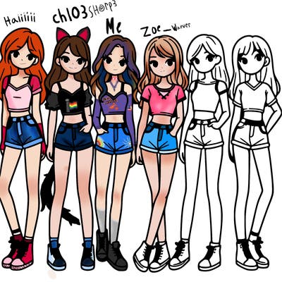 a group of girls wearing crop tops and shorts