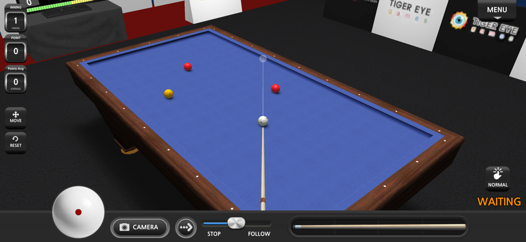 Gameplay screenshot of World Championship Billiards showing a three-cushion match on a blue table.