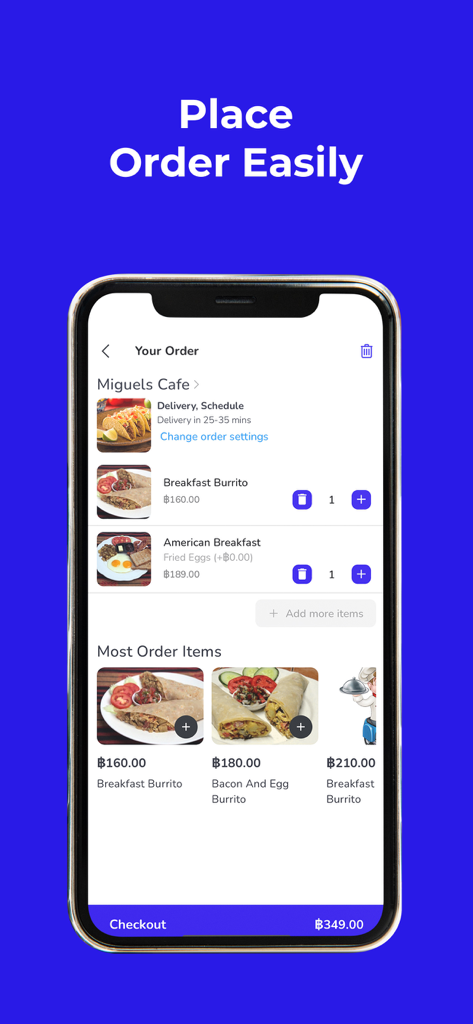 Mealsonwheels4U - Interfaz de la aplicación Mealsonwheels4U para iPhone que muestra un resumen de pedido de comida con un burrito de desayuno y desayuno americano de un café local