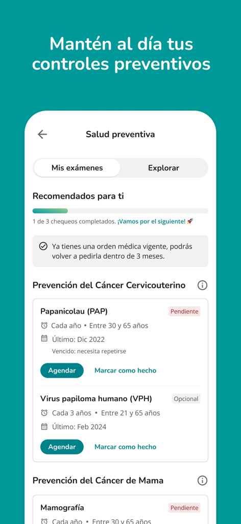 MiRedSalud - Interfaz de la aplicación MiRedSalud que muestra exámenes de detección de salud preventiva para el cáncer de cuello uterino con opciones de programación