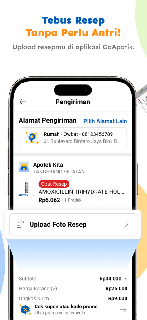 GoApotik: #ApotikTapiOnline - GoApotik mobile app screen showing delivery address details and a button to upload a doctor prescription
