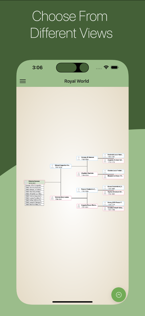 TreeView - A family tree pedigree chart displayed on a smartphone screen within the TreeView genealogy app