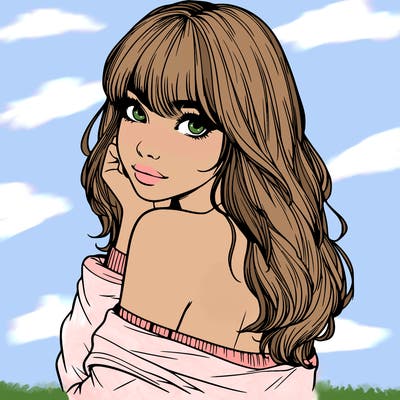 realistic girl with bangs looking over her shoulder