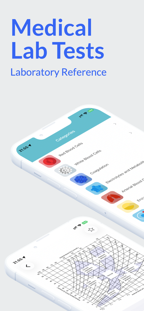 Medical Lab Tests - Mobile screens of the Medical Lab Tests app showing laboratory categories and reference charts.