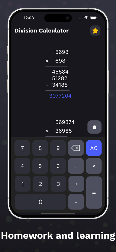 Aplicación de calculadora de divisiones que muestra un problema de multiplicación larga resuelto paso a paso para la tarea
