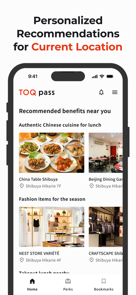 Shibuya TOQ Pass - Shibuya TOQ Pass app interface showing local restaurant and retail perks for employees.