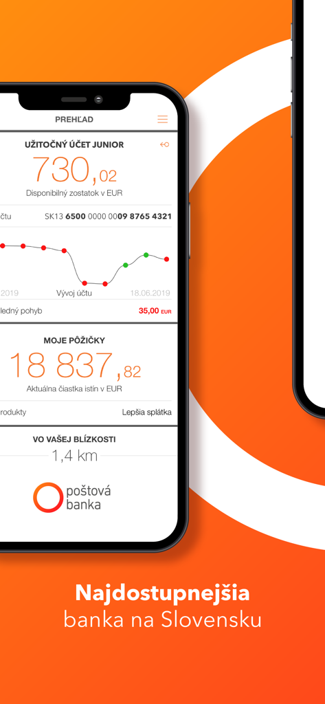 Postova banka mobile app overview screen showing account balance and loan details