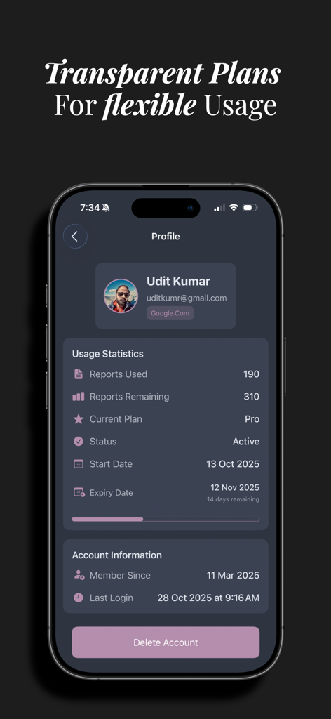 TextRad app user profile screen displaying report usage statistics and active Pro plan details