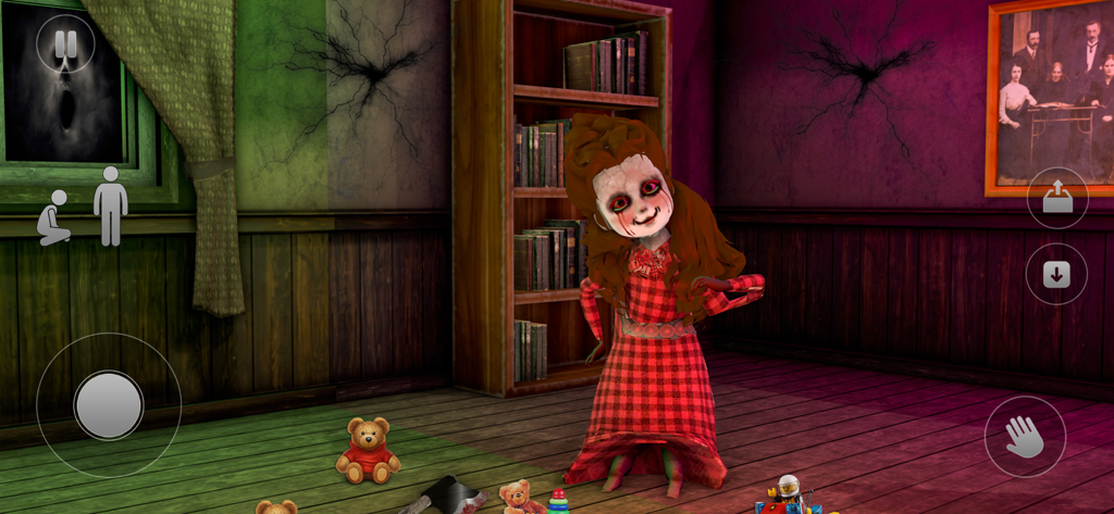 Scary Doll Horror House Game - Creepy doll standing in a haunted room in the Scary Doll Horror House Game