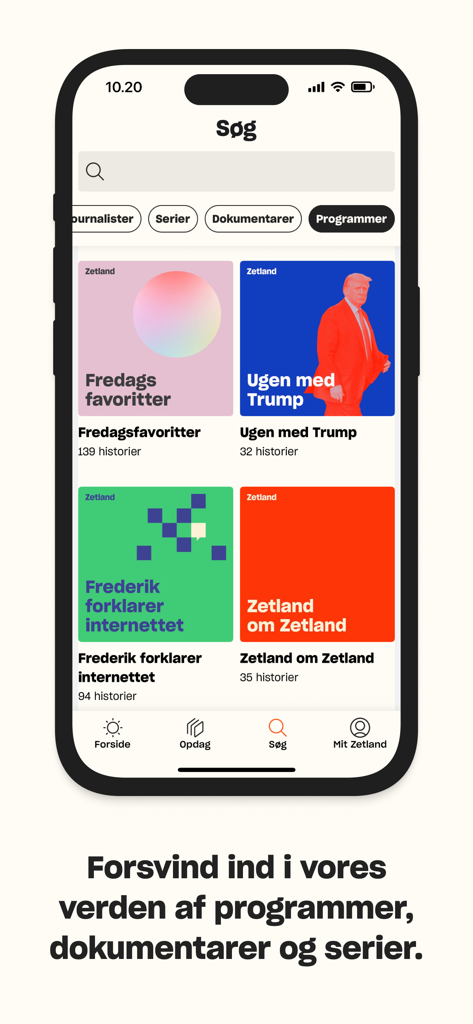 Zetland - Schermata di ricerca dell'app Zetland che mostra varie serie di notizie e documentari.