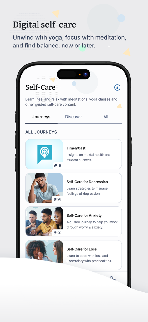 TimelyCare Health & Well-being - Screenshot dell'app TimelyCare che mostra percorsi di autocura per la salute mentale per studenti, inclusi argomenti come depressione e ansia.