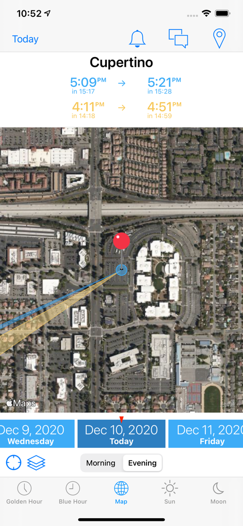 Golden Hour! - Vista de mapa de satélite no aplicativo Golden Hour mostrando a direção do sol e o cronograma das fases de luz.