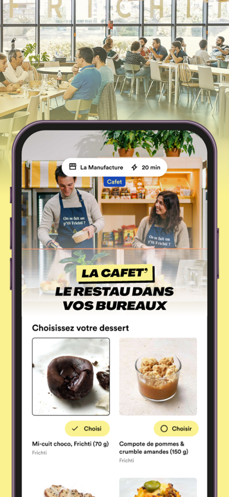 Frichti : Plats maison & apéro - Écran de l'application mobile Frichti montrant les options de restauration au bureau et des desserts comme un fondant au chocolat.