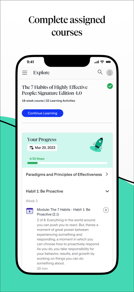 FranklinCovey Impact Platform - Interfaz de la aplicación FranklinCovey mostrando el progreso del curso para Los 7 Hábitos de la Gente Altamente Efectiva.