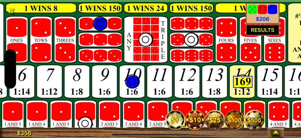 Sic Bo / Hi-Lo - Capture d'écran du jeu Sic Bo Hi-Lo montrant le tableau des mises et les résultats des dés