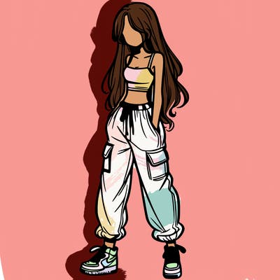 girl in baggy pants crop top and long hair