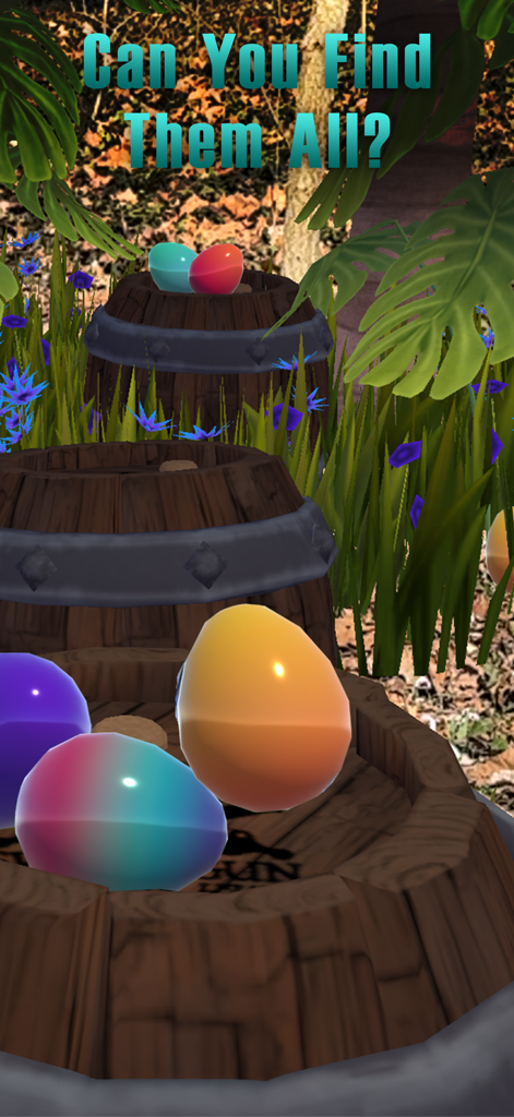 Colorful 3D eggs in wooden barrels from Egg Hunt XR Mobile