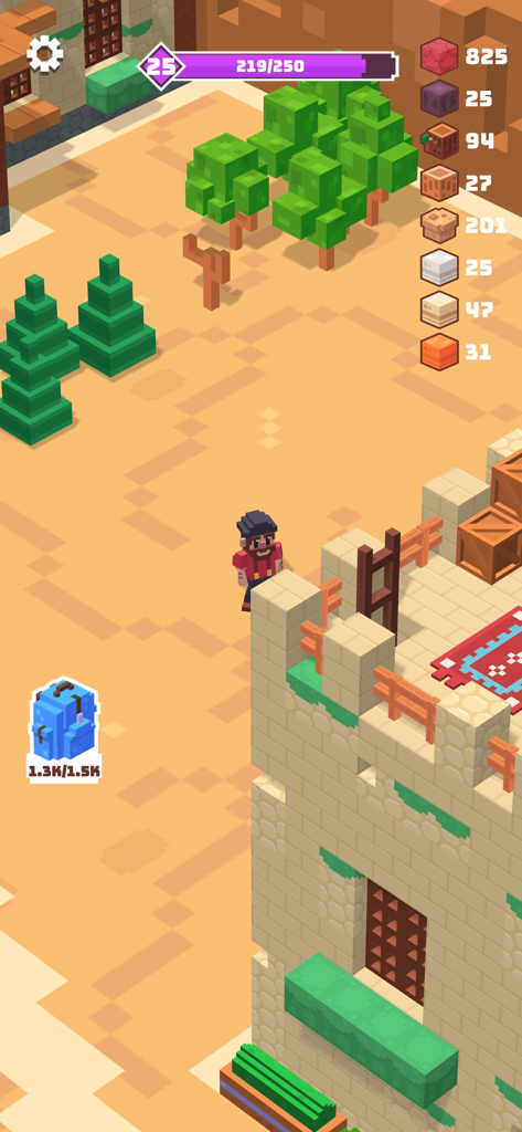 Craft Valley - Building Game - A character standing next to a voxel style sandstone building in a desert landscape in the Craft Valley game