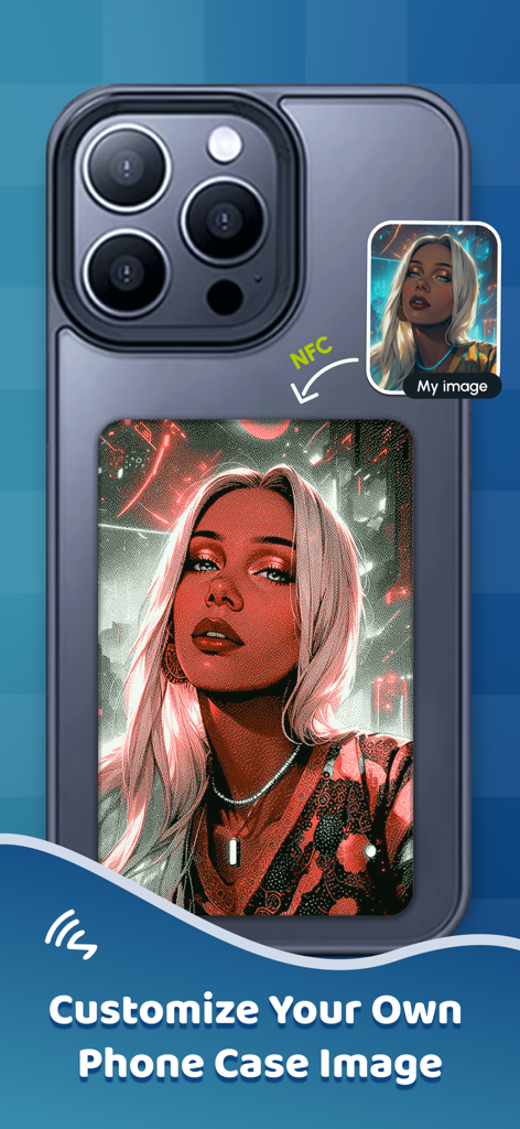 AI Vista - A smartphone showcasing a customized phone case with a stylized AI portrait using NFC technology.