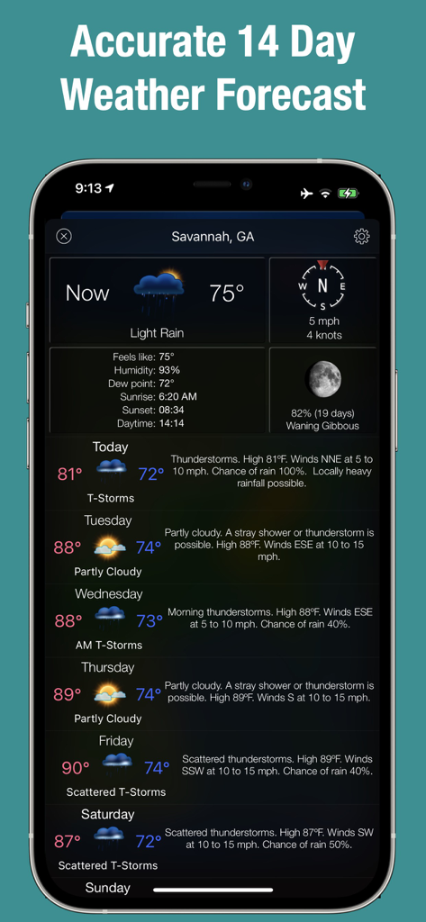 Doppler Radar app interface showing a detailed 14 day weather forecast for Savannah Georgia including temperature and rain chance