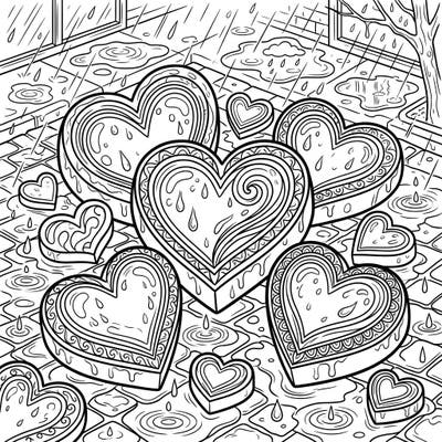 Embrace the beauty of a rainy day with these delightful chocolate hearts, perfect for a cozy coloring session. This charming page offers intricate details for a relaxing and sweet artistic escape.