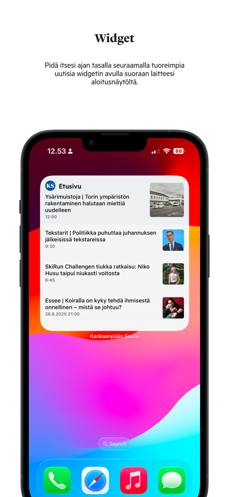 Kankaanpään Seutu - Kankaanpaan Seutu news widget on a smartphone home screen displaying local headlines