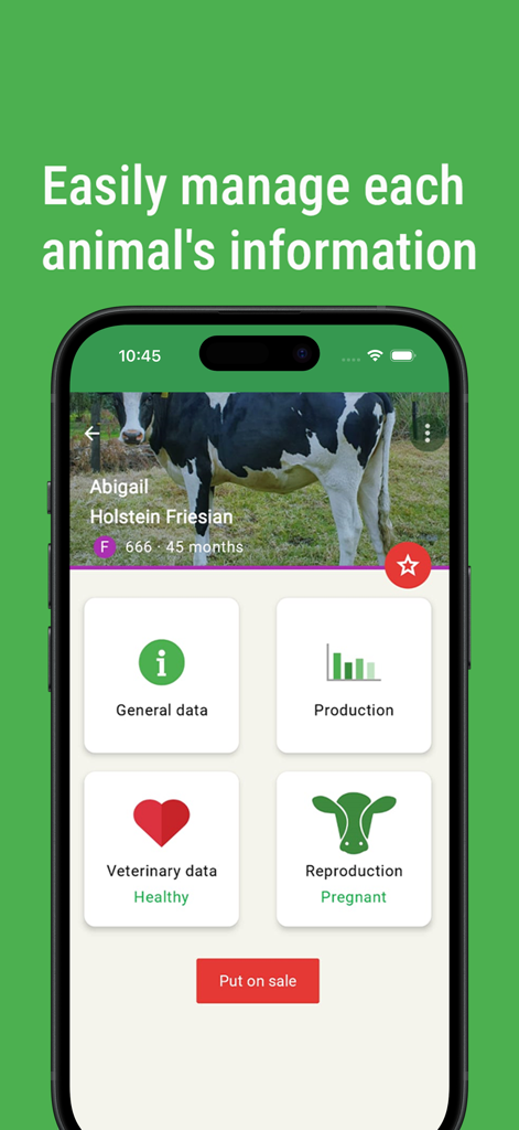Control Ganadero - Oberfläche einer Viehmanagement-App, die einzelne Kuhdaten einschließlich Gesundheits- und Reproduktionsstatus anzeigt