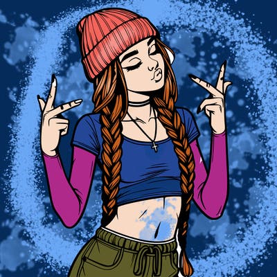 realistic teenage girl with braids and a beanie and crop top doing 🫶🏼