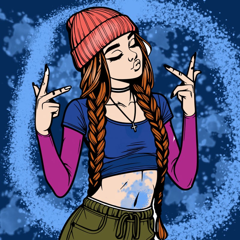 realistic teenage girl with braids and a beanie and crop top doing 🫶🏼