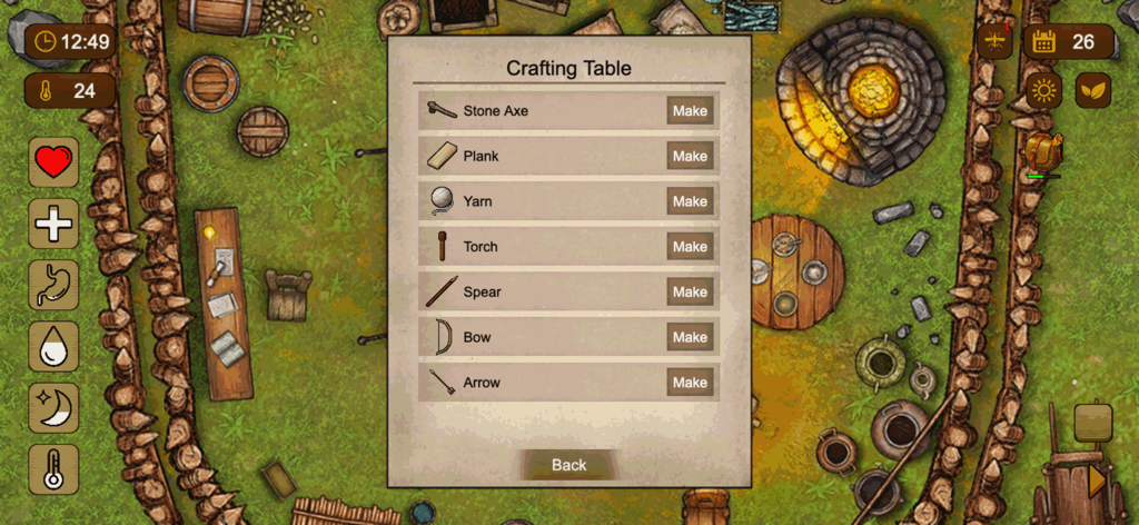 Island Story: 100 Days - A top-down view of the crafting table menu in Island Story 100 Days showing craftable items like stone axe and bow in a survival base.