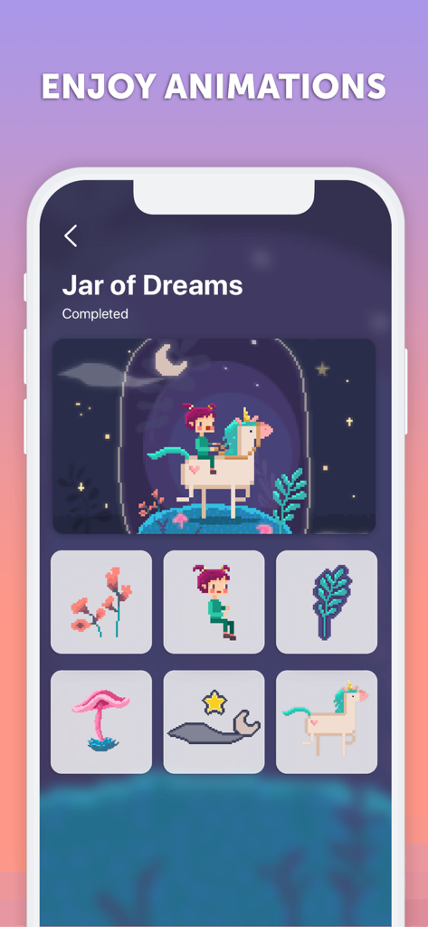 PixelArt by Picsart - PixelArt by Picsart app screen showing a completed animated story titled Jar of Dreams featuring a girl riding a unicorn in a jar.