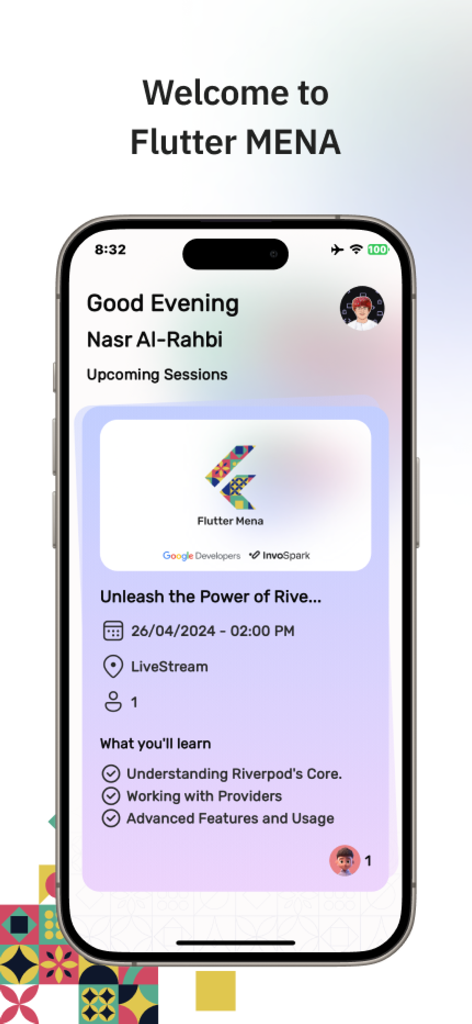 Flutter MENA Online Conference - 플러터 MENA 앱의 홈 화면에 사용자 환영 메시지와 Riverpod 및 Rive에 대한 예정된 라이브 세션 정보가 표시됩니다.