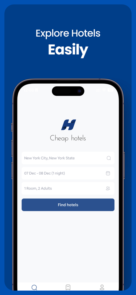 Cheap Hotels・Hotel booking app - Search screen of the Cheap Hotels app with fields for location, dates, and number of guests.