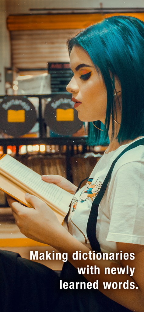 Newpedia -Dictionary Creation- - A woman with blue hair reading a book with text about making dictionaries from newly learned words.