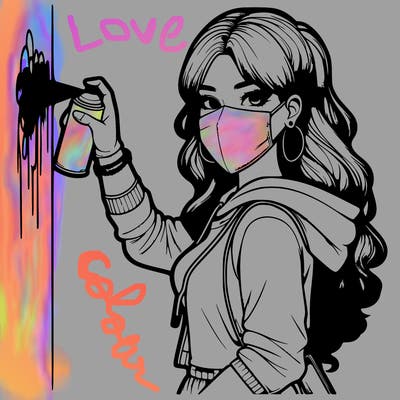 realistic girl with mask spray painting a wall