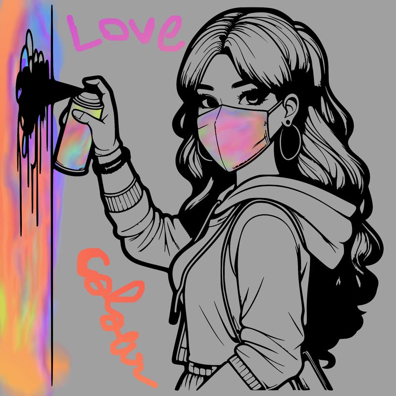 realistic girl with mask spray painting a wall