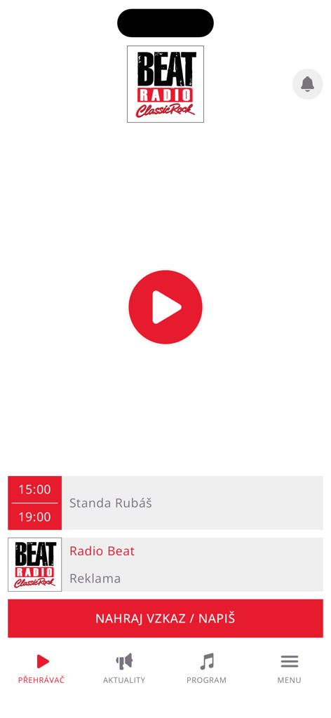 Radio Beat - Interface do player do aplicativo Radio Beat com um grande botão vermelho de play e a marca classic rock
