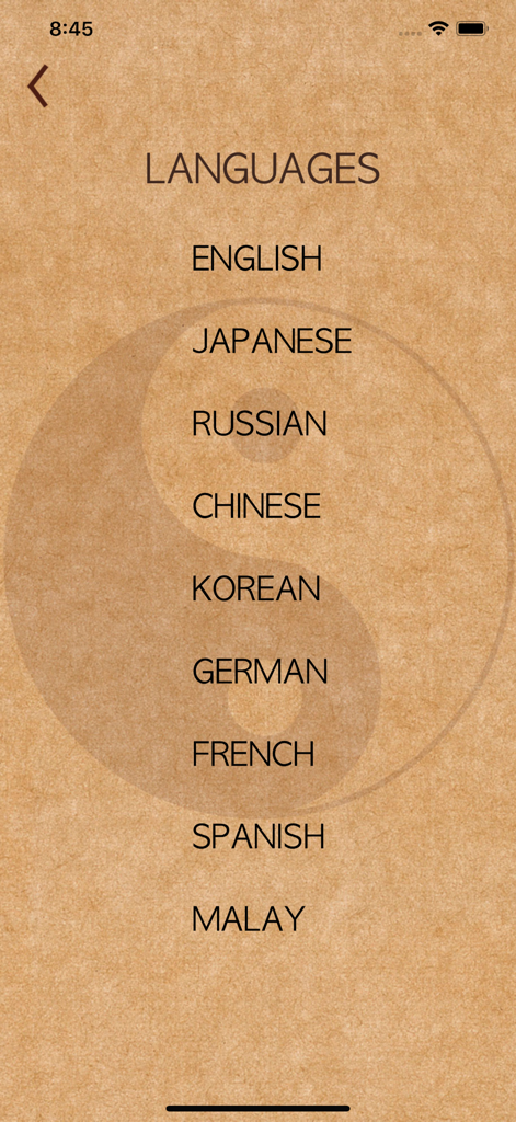 I Ching - Smart Chinese Wisdom - The language selection menu of the I Ching app displaying nine different language options on a textured background with a faint yin yang symbol.