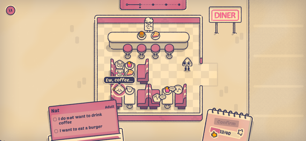 Is This Seat Taken? - A diner-themed level in the logic puzzle game Is This Seat Taken showing character preferences for seating