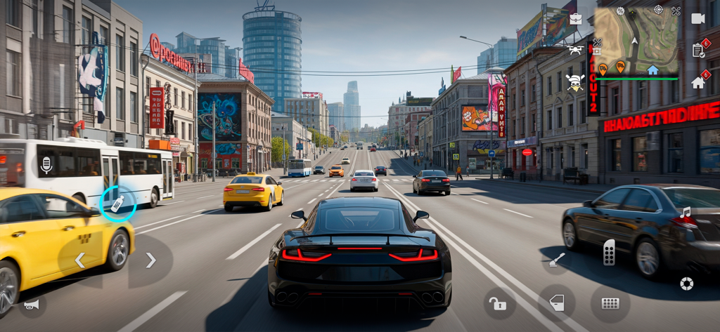 Um carro esportivo preto dirigindo por uma rua de cidade com tráfego intenso no MadOut 2 Grand Auto racing