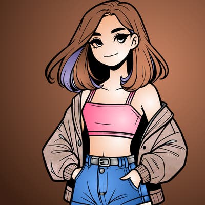 a realistic girl with a crop top and short shorts in an open jacket