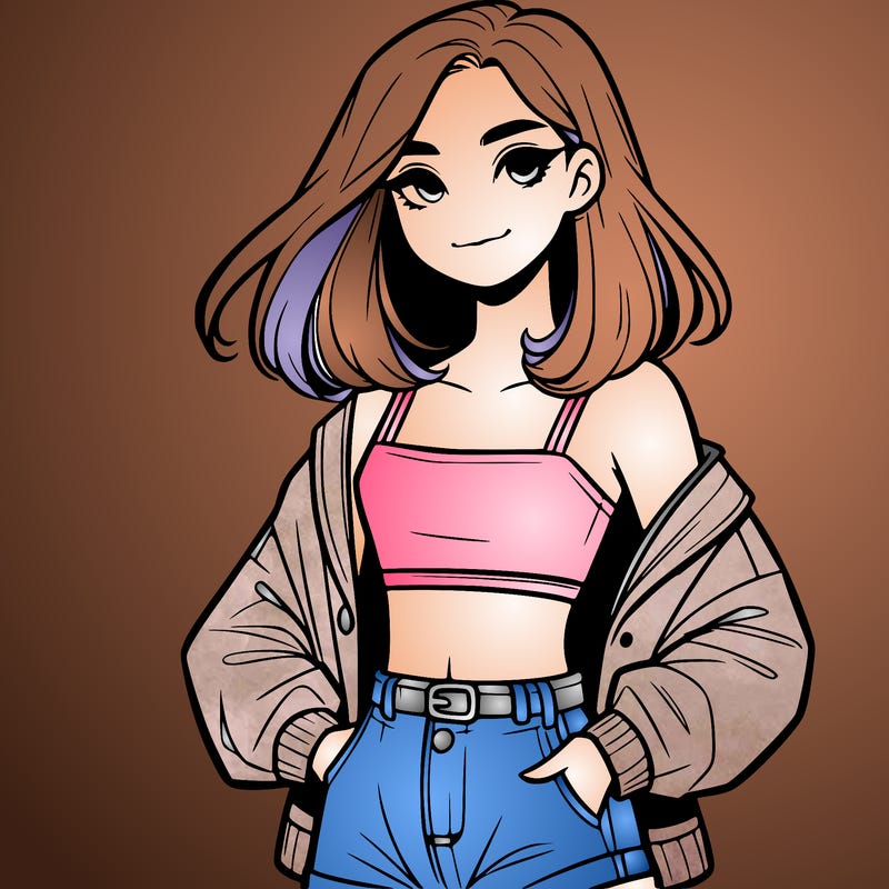 a realistic girl with a crop top and short shorts in an open jacket