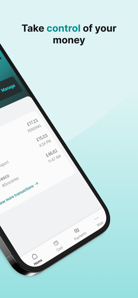 Jaja Credit Card - Capture d'écran de l'application Carte de crédit Jaja montrant l'historique des transactions et le texte Prenez le contrôle de votre argent